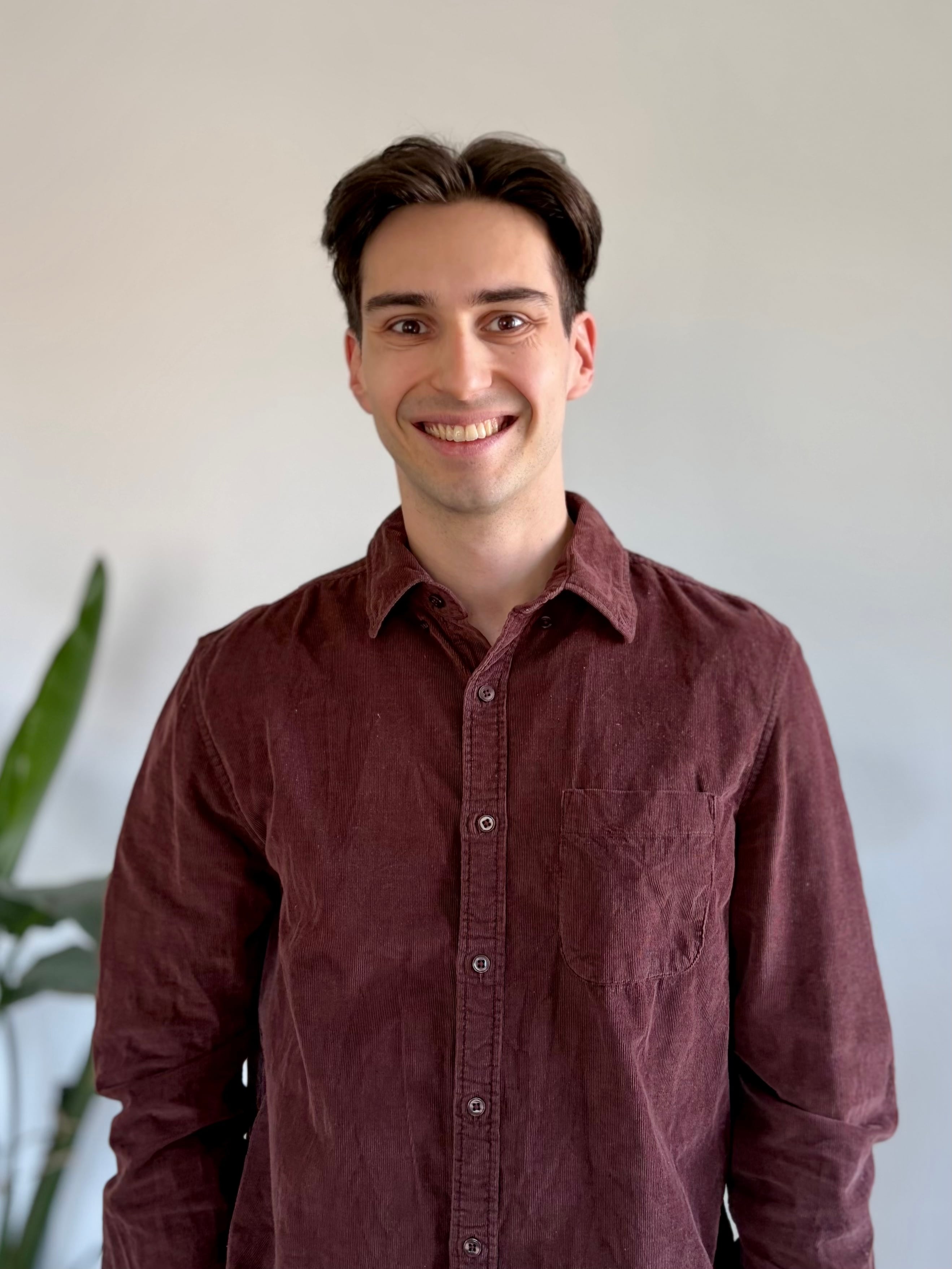 Porträt von Adam Balassa, Senior Full Stack Developer, lächelnd in einem bordeauxfarbenen Hemd.