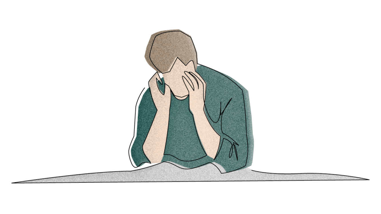 Illustration Stressstudie Illustration einer Person, die mit gesenktem Kopf die Hände vors Gesicht legt – Ausdruck von Stress, Überforderung oder Traurigkeit.