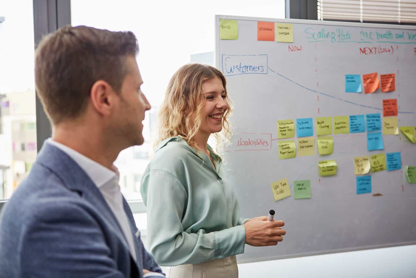 Two employees collaborating at a whiteboard with notes while planning strategic projects together.